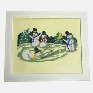 Cross Stitch Embroidery Framed Picture Art Snowmen Golfing Golf Winter Christmas